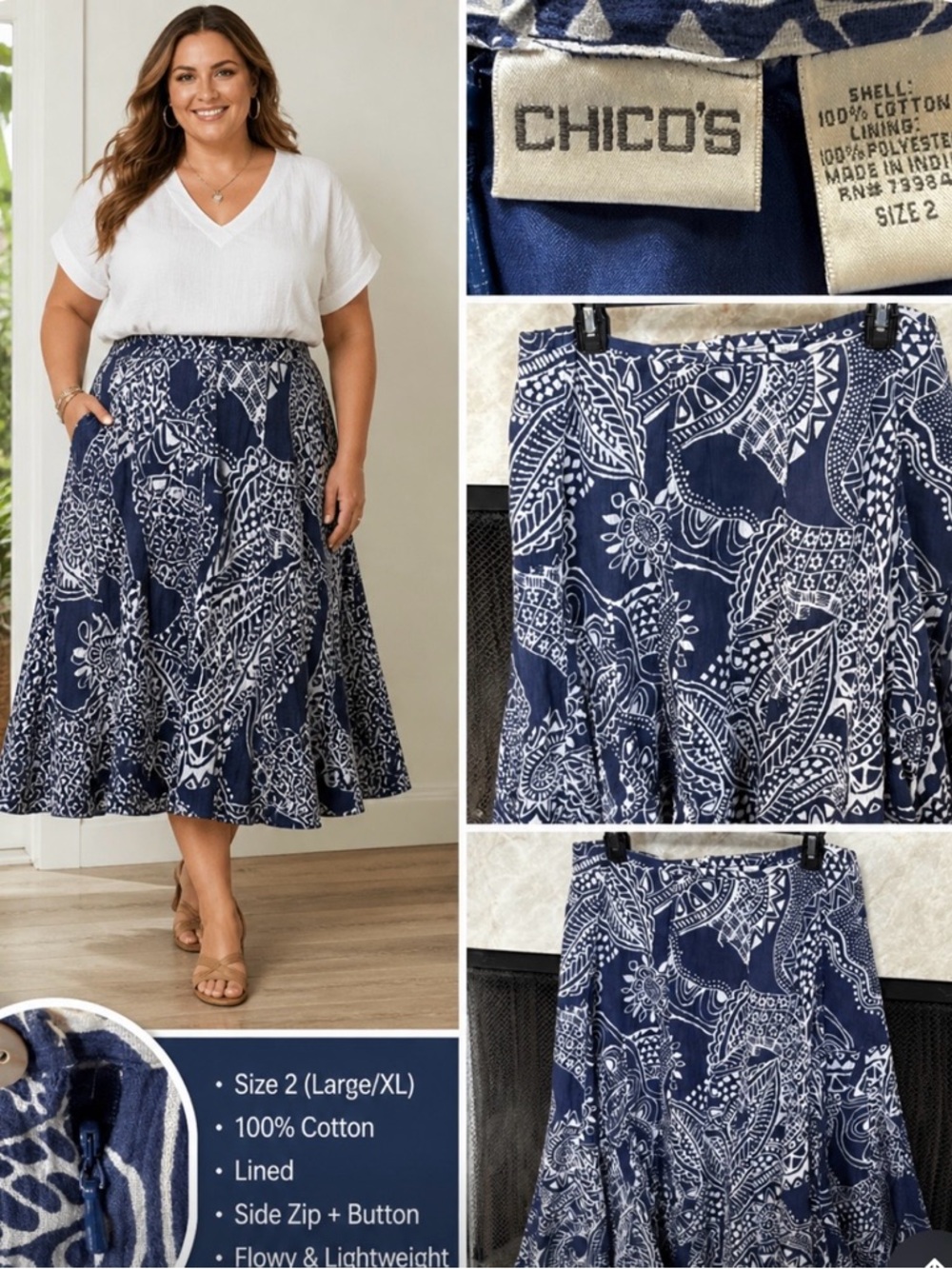 ✨ Chico’s Blue & White Boho Print Flowy Skirt – Size 2 (Large/XL) ✨